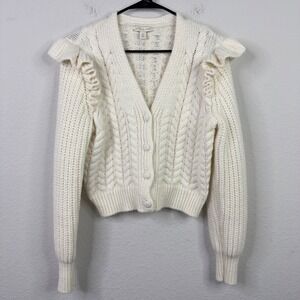 Chelsea & Violet Cardigan Womens M Cream Ruffle Chunky Knit Cottagecore Romantic